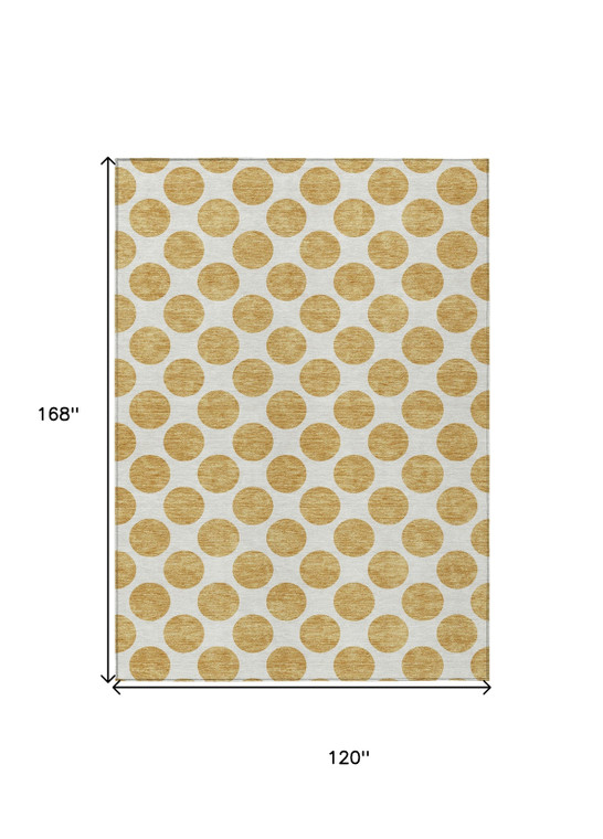 10' X 14' Gold And Ivory Polka Dot Washable Indoor Outdoor Area Rug