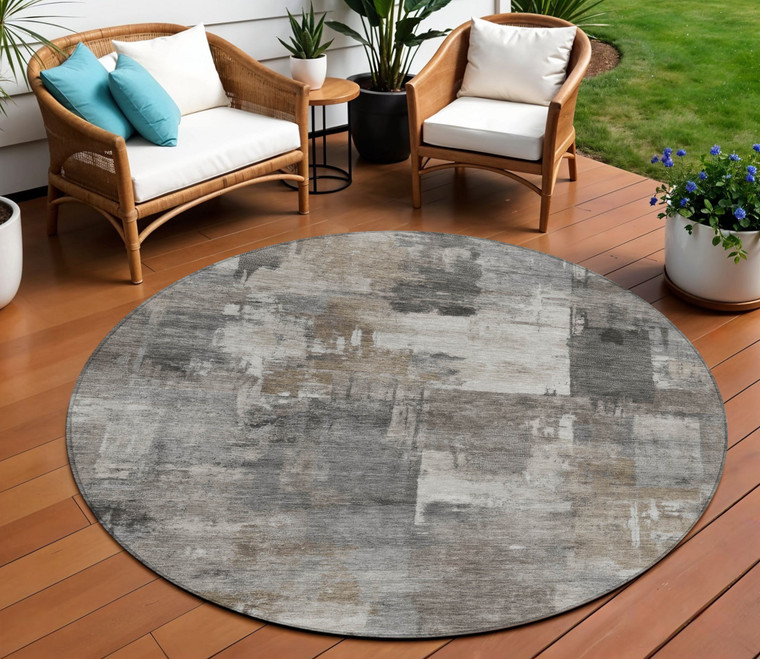8' Pewter Khaki And Charcoal Round Abstract Washable Indoor Outdoor Area Rug