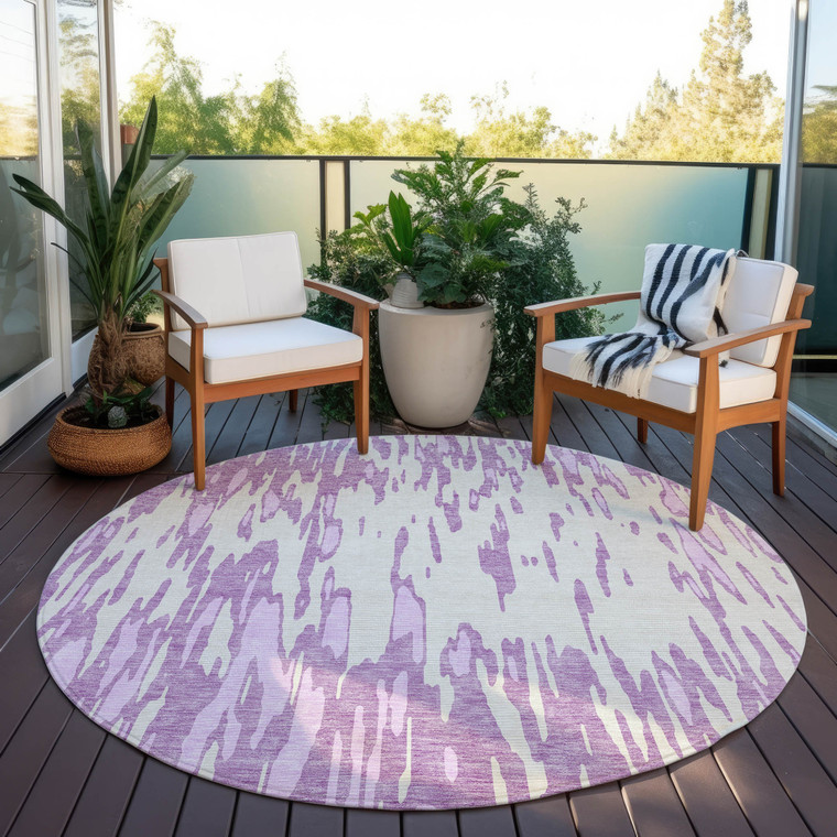 8' Lavender And Ivory Round Abstract Washable Indoor Outdoor Area Rug Transitional Style - Lavender, Ivory Color