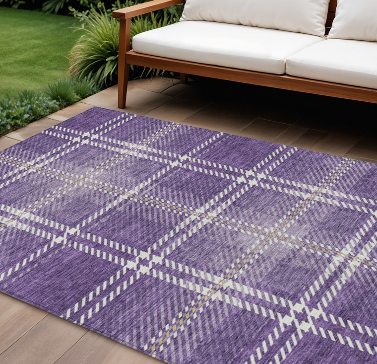 8' X 10' Purple Gold And Ivory Plaid Washable Indoor Outdoor Area Rug