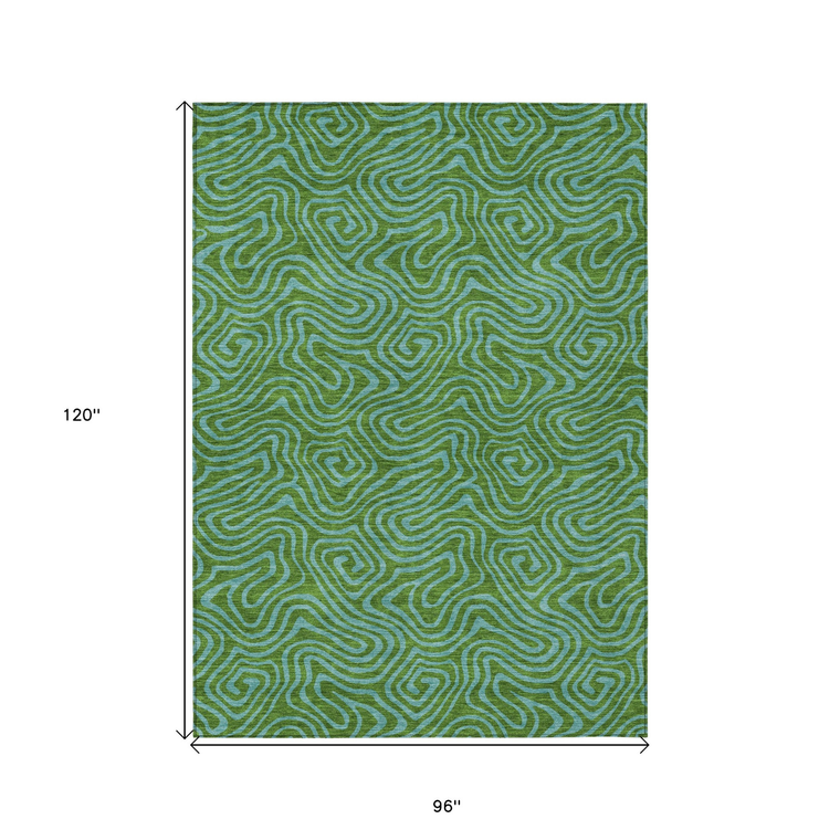 8' X 10' Green And Blue Abstract Washable Indoor Outdoor Area Rug