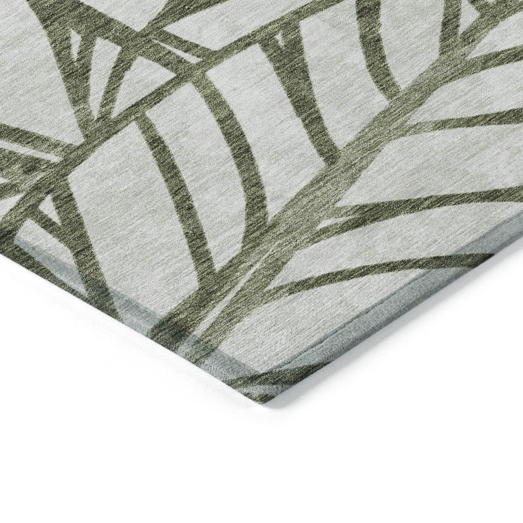 10' X 14' Olive Green And Beige Floral Washable Indoor Outdoor Area Rug