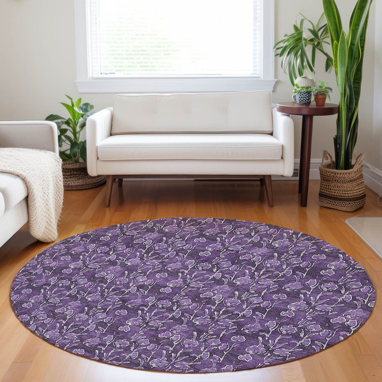 8' Purple Eggplant And Ivory Round Floral Washable Indoor Outdoor Area Rug