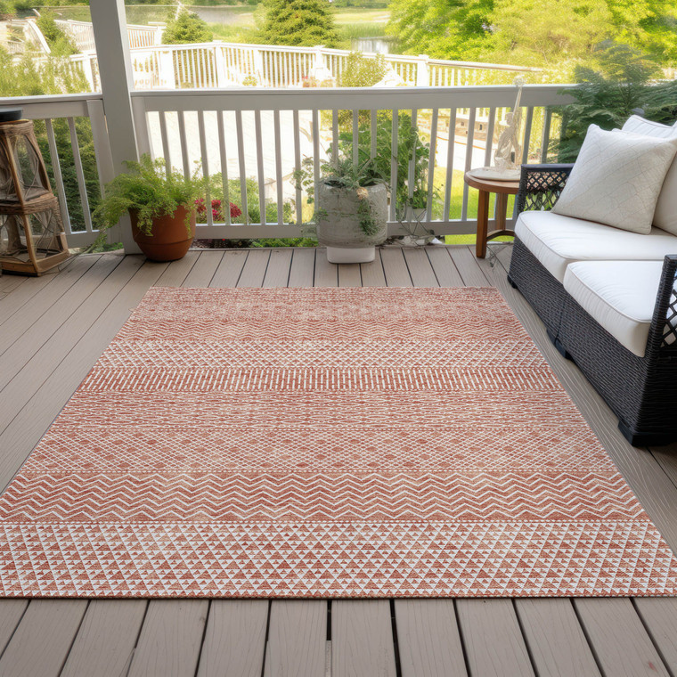 8' X 10' Salmon And Ivory Chevron Washable Indoor Outdoor Area Rug