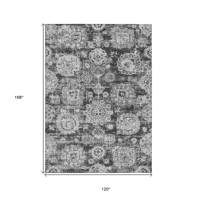 10' X 14' Gray Charcoal And Silver Floral Washable Indoor Outdoor Area Rug