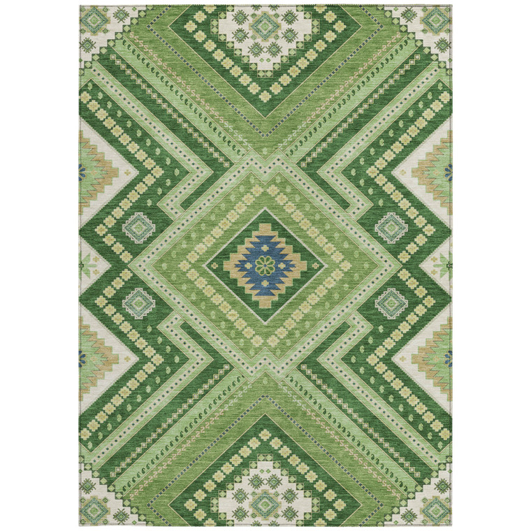8' X 10' Green Ivory And Beige Tribal Washable Indoor Outdoor Area Rug