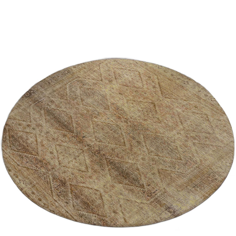 8' Khaki And Beige Round Geometric Washable Indoor Outdoor Area Rug - 880016518955