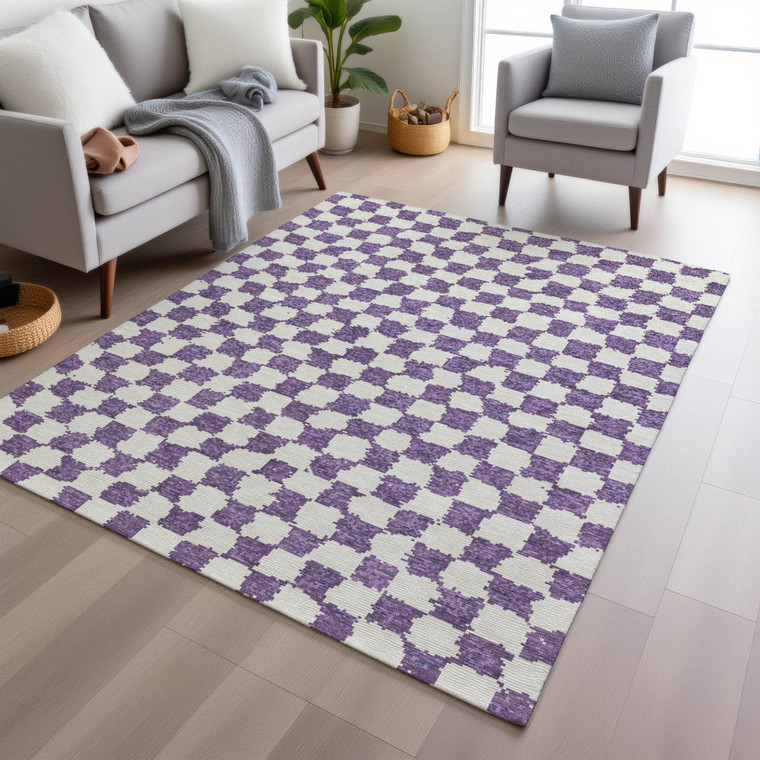 9' X 12' Purple And Ivory Geometric Washable Indoor Outdoor Area Rug - Purple, Ivory