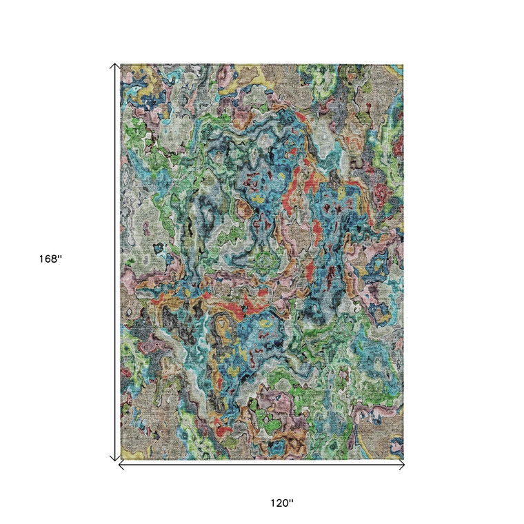 10' X 14' Orange And Teal Blue Abstract Washable Indoor Outdoor Area Rug