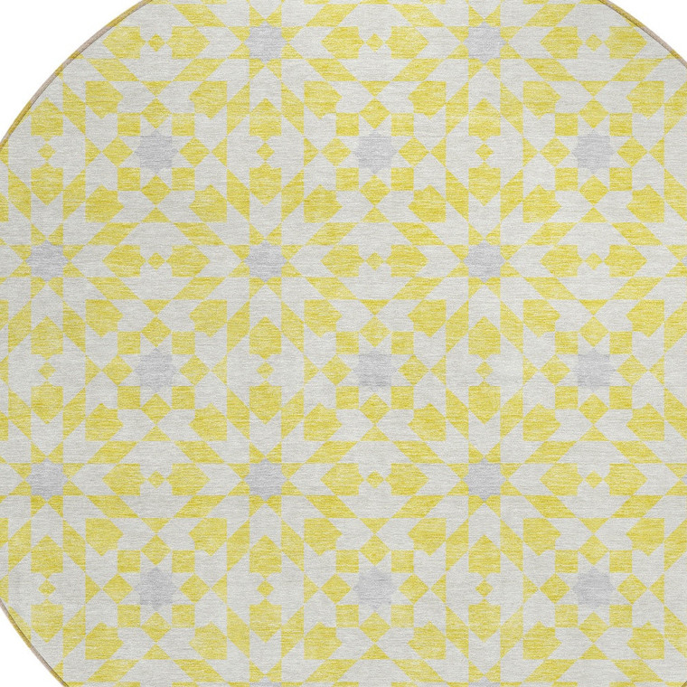 8' Yellow Ivory And Gray Round Floral Medallion Washable Indoor Outdoor Area Rug