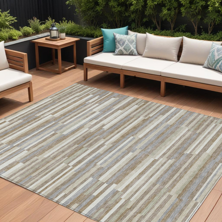 9' X 12' Taupe Gray And Ivory Striped Washable Indoor Outdoor Area Rug - Taupe, Gray, Ivory
