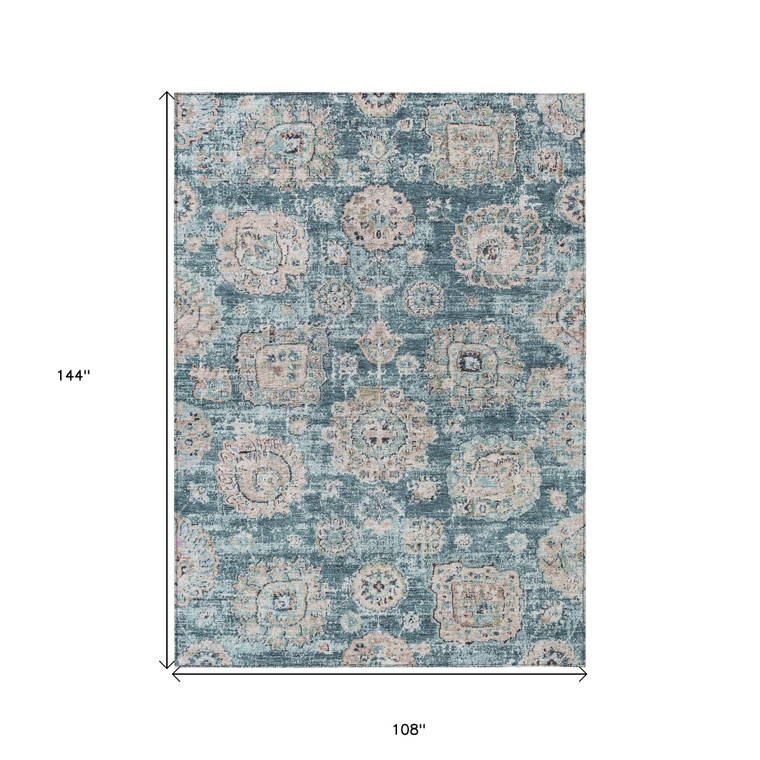9' X 12' Teal Blue And Sky Blue Floral Washable Indoor Outdoor Area Rug