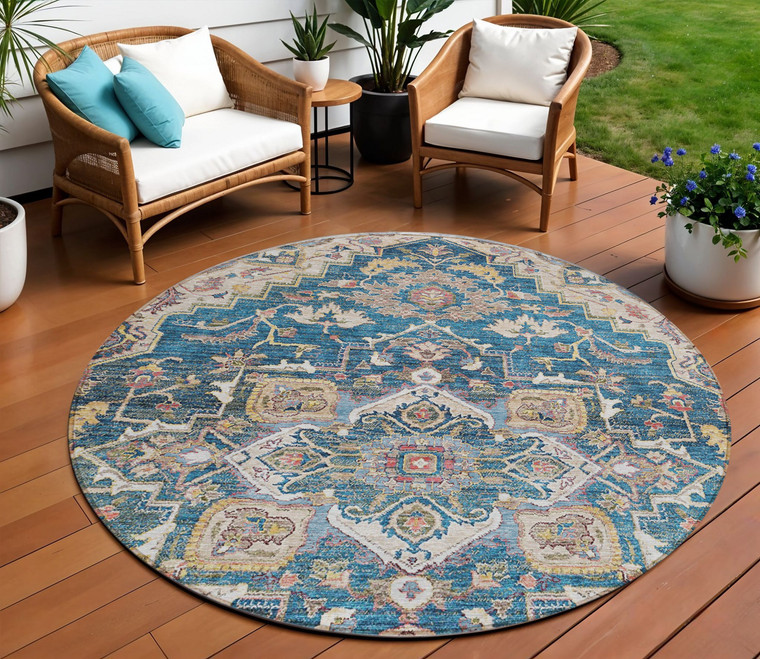 8' Blue Beige And Gold Round Oriental Washable Indoor Outdoor Area Rug