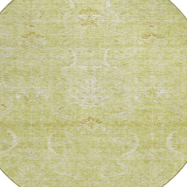 8' Artichoke Green And Ivory Round Damask Washable Indoor Outdoor Area Rug