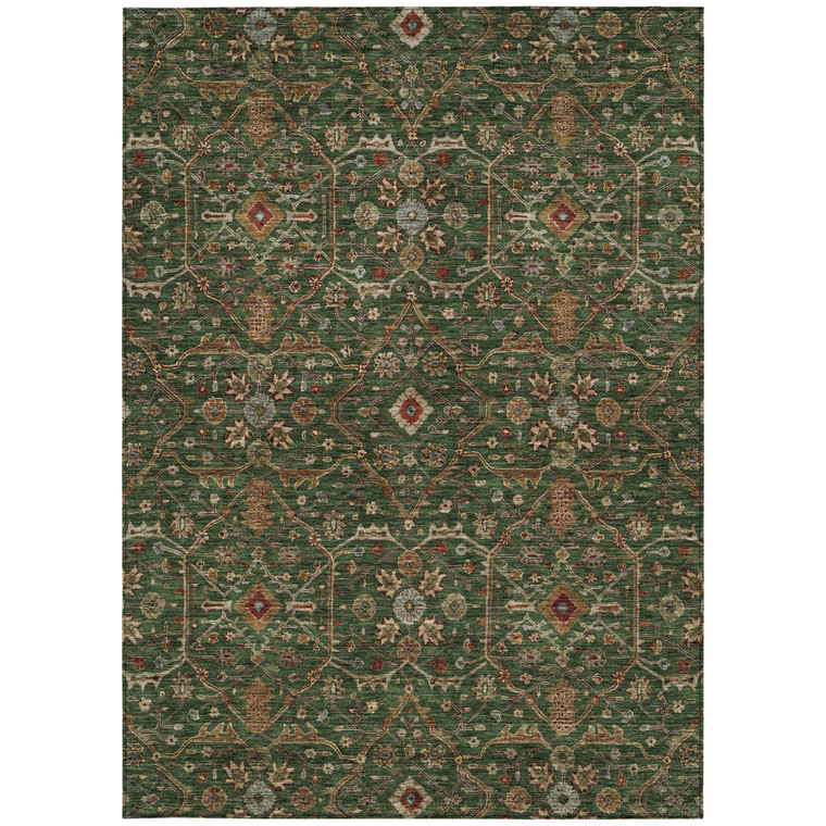 9' X 12' Emerald Brown And Red Floral Washable Indoor Outdoor Area Rug