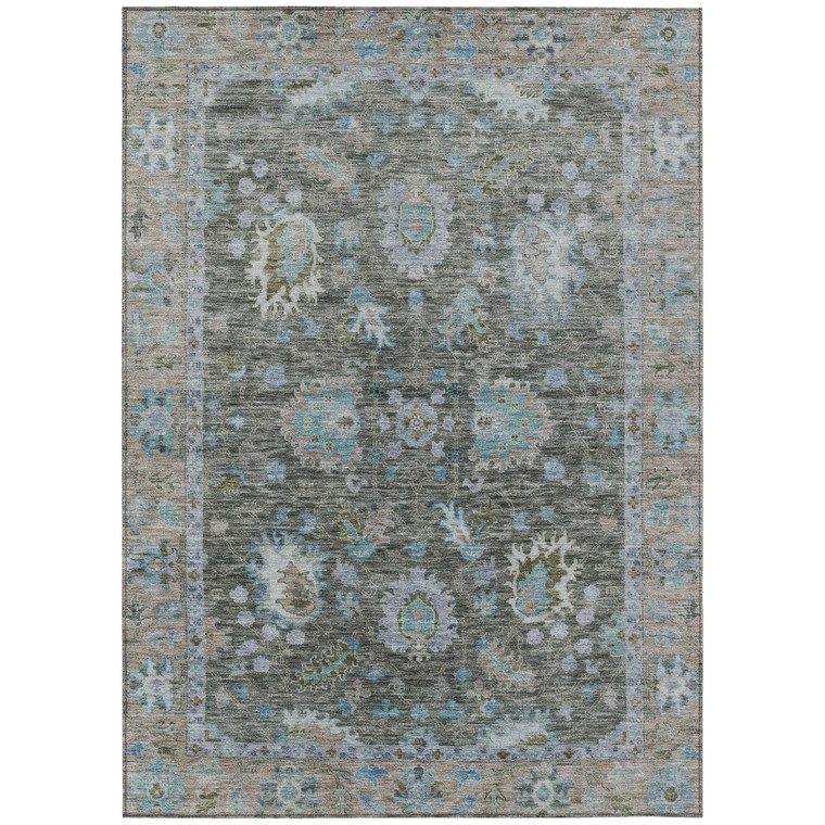10' X 14' Fern Green And Denim Blue Floral Washable Indoor Outdoor Area Rug
