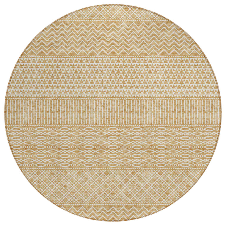 8' Gold And Ivory Round Chevron Washable Indoor Outdoor Area Rug - Gold, Ivory