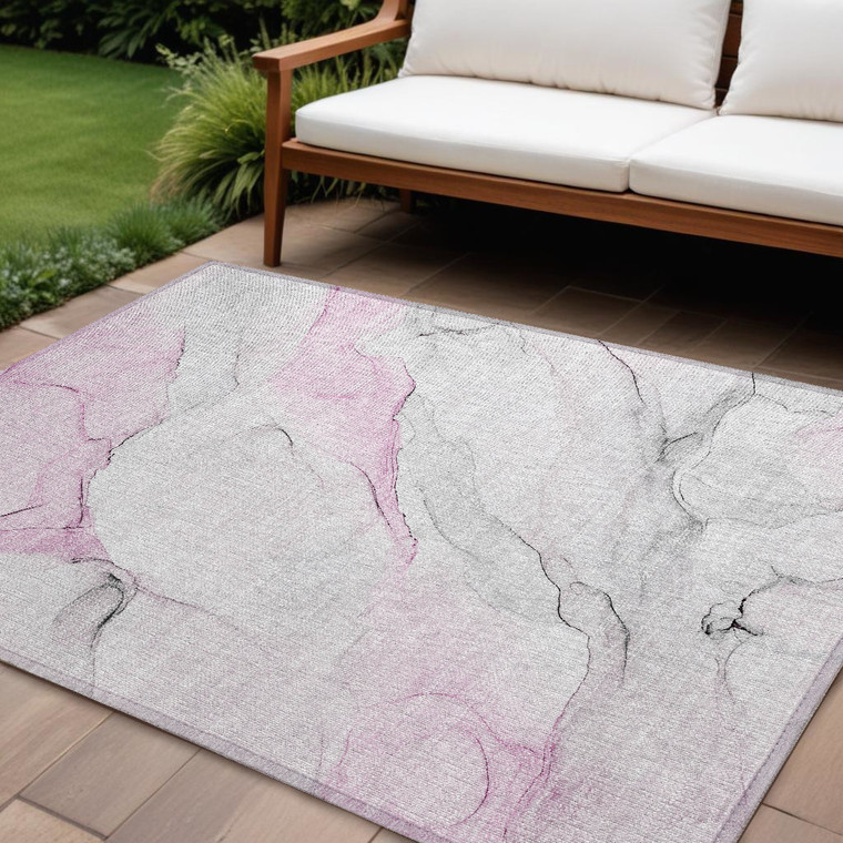 9' X 12' Gray and Pink Abstract Washable Non Skid Indoor Outdoor Area Rug - 608219324728