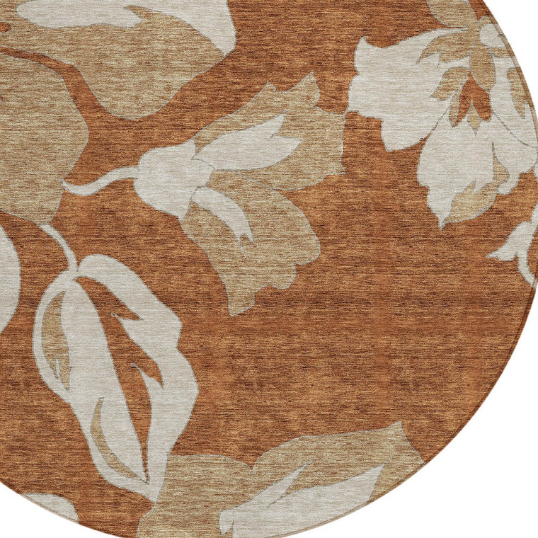 8' Terra Cotta And Beige Round Floral Washable Indoor Outdoor Area Rug