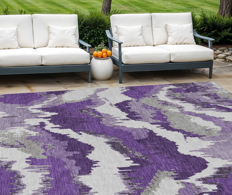 9' X 12' Purple Lavender And Gray Abstract Washable Indoor Outdoor Area Rug - Purple, Lavender, Gray