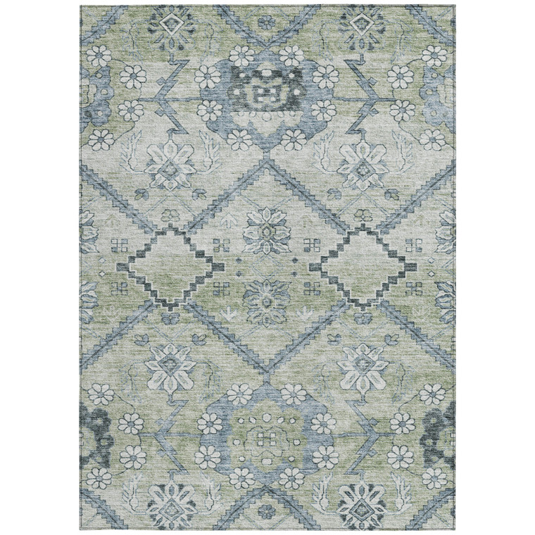 10' X 14' Artichoke Green Denim Blue And Silver Floral Washable Indoor Outdoor Area Rug