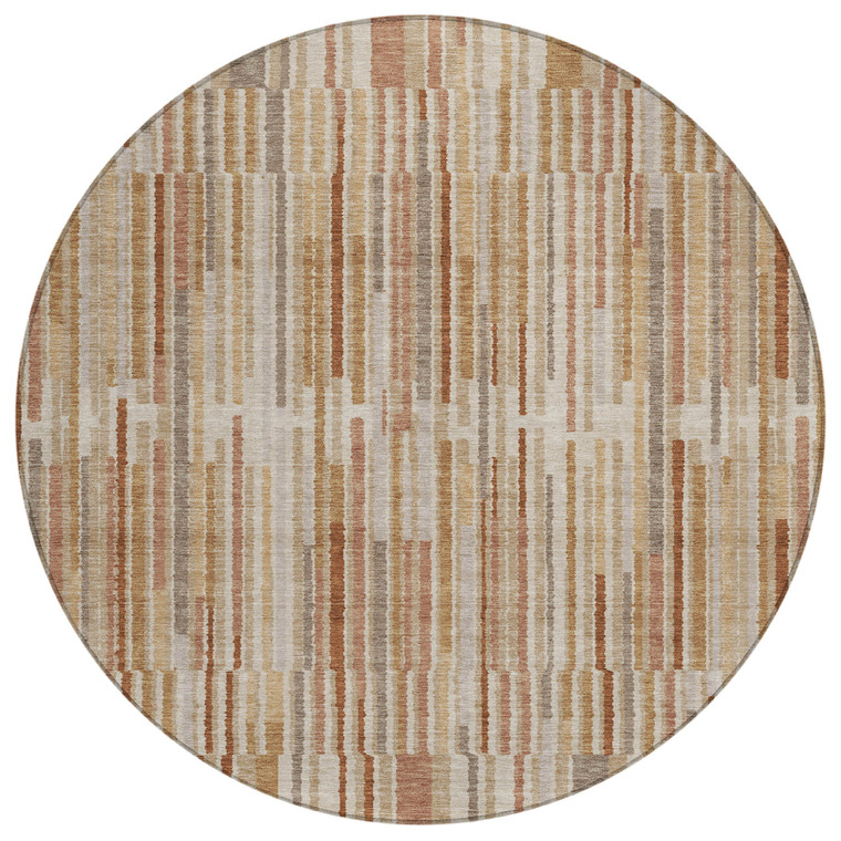 8' Terra Cotta And Beige Round Striped Washable Indoor Outdoor Area Rug