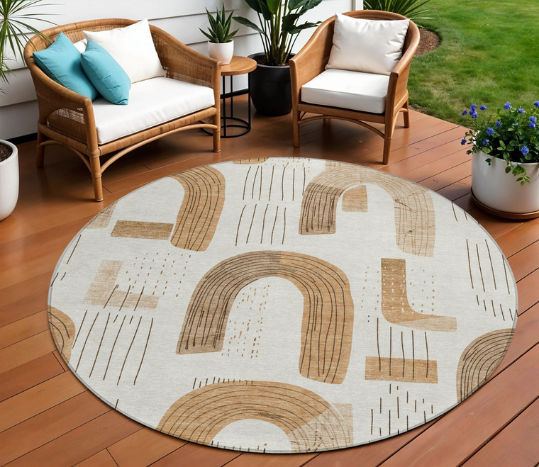 8' Ivory Khaki And Beige Round Geometric Washable Indoor Outdoor Area Rug