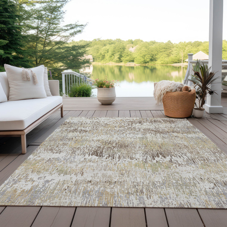 10' X 14' Ivory And Taupe Striped Washable Indoor Outdoor Area Rug
