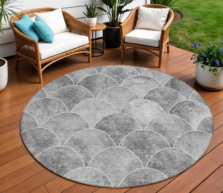 8' Gray Charcoal And Ivory Round Abstract Washable Indoor Outdoor Area Rug