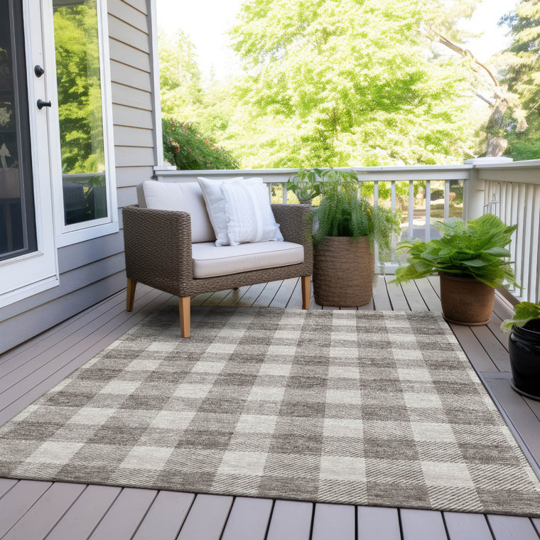 9' X 12' Taupe And Gray Plaid Washable Indoor Outdoor Area Rug