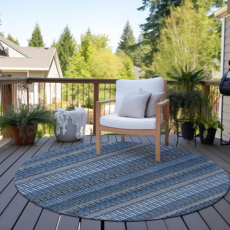 8' Denim Blue And Ivory Round Striped Washable Indoor Outdoor Area Rug