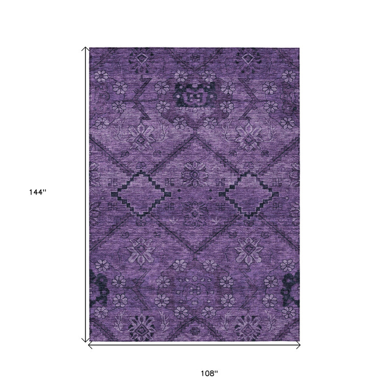 9' X 12' Eggplant Purple And Plum Floral Washable Indoor Outdoor Area Rug