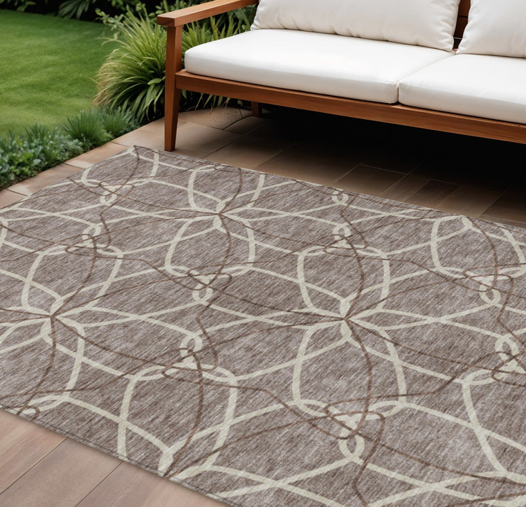 10' X 14' Taupe And Ivory Geometric Washable Indoor Outdoor Area Rug Modern Style - Taupe, Ivory Color