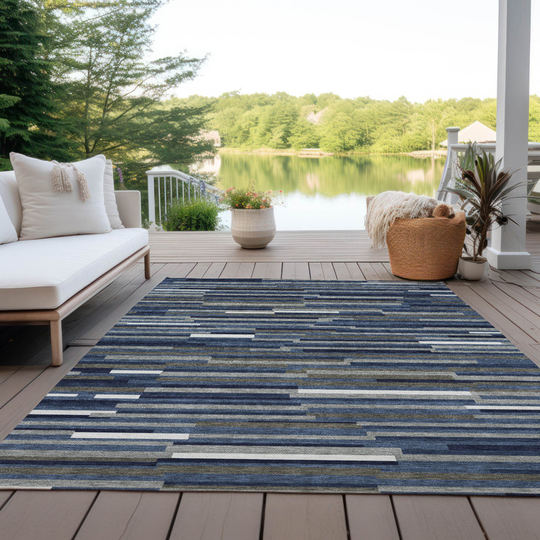 8' X 10' Navy Blue Gray And Ivory Striped Washable Indoor Outdoor Area Rug
