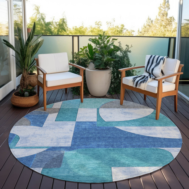 8' Teal Blue And Ivory Round Geometric Washable Indoor Outdoor Area Rug - Teal Blue, Ivory