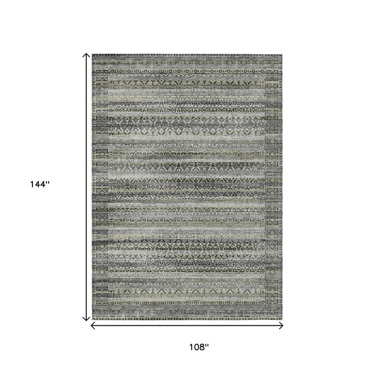 9' X 12' Pewter And Charcoal Striped Washable Indoor Outdoor Area Rug