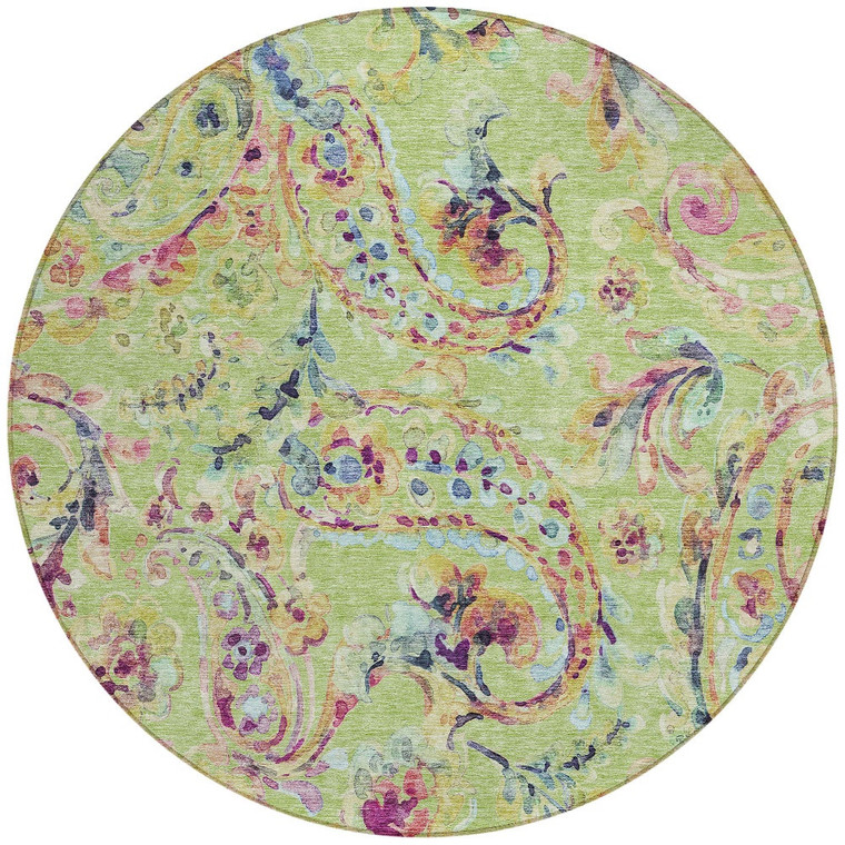 8' Artichoke Green And Pink Round Paisley Washable Indoor Outdoor Area Rug