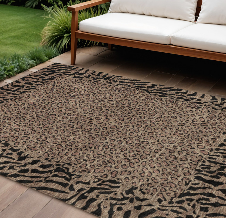9' X 12' Brown Animal Print Washable Indoor Outdoor Area Rug