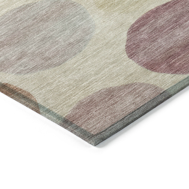 8' Salmon Ivory And Mauve Round Geometric Washable Indoor Outdoor Area Rug