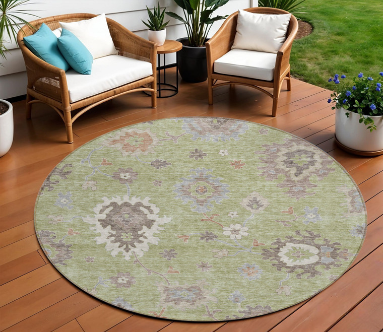 8' Artichoke Green And Beige Round Floral Washable Indoor Outdoor Area Rug - Artichoke Green, Beige