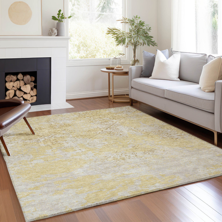 9' X 12' Gold Wheat And Beige Floral Washable Indoor Outdoor Area Rug