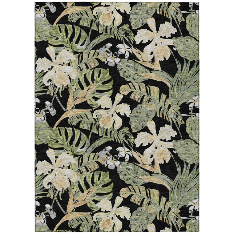 10' X 14' Black Beige And Fern Green Botanical Leaves Washable Indoor Outdoor Area Rug
