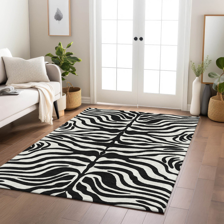 10' X 14' Black And Ivory Animal Print Washable Indoor Outdoor Area Rug