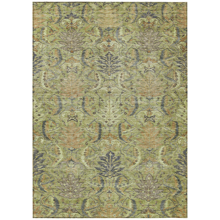8' X 10' Artichoke Green Gray And Tan Damask Washable Indoor Outdoor Area Rug