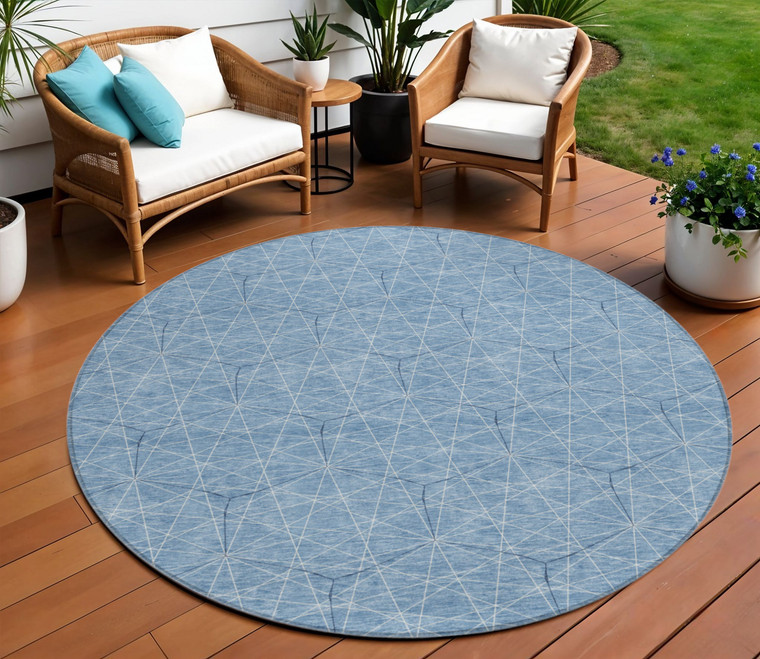 8' Denim Blue Black And Ivory Round Geometric Washable Indoor Outdoor Area Rug