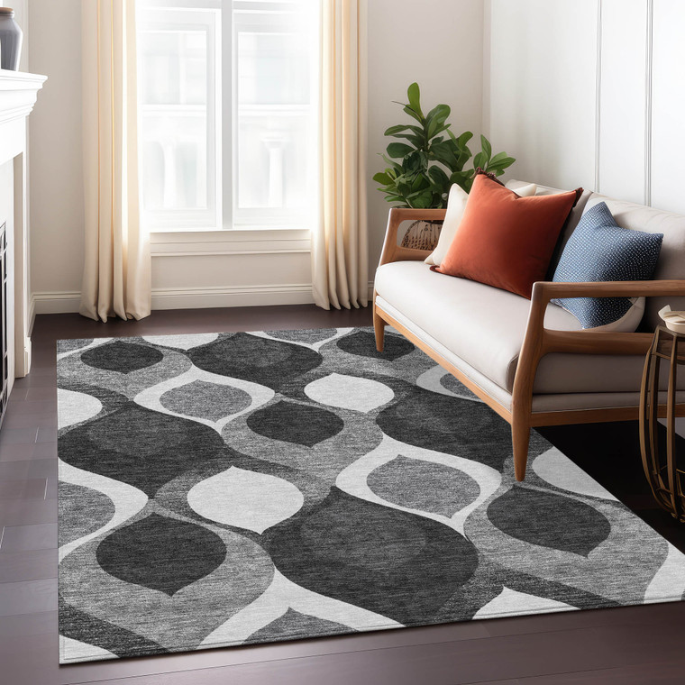 9' X 12' Black Silver And Charcoal Ogee Washable Indoor Outdoor Area Rug