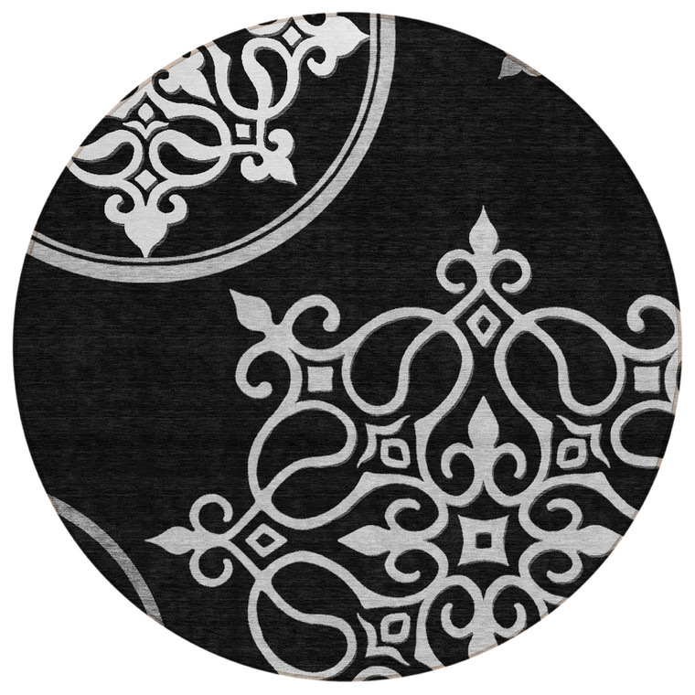 8' Black Gray And Ivory Round Floral Medallion Washable Indoor Outdoor Area Rug