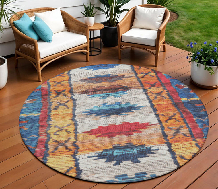 8' Navy Blue And Copper Round Tribal Washable Indoor Outdoor Area Rug