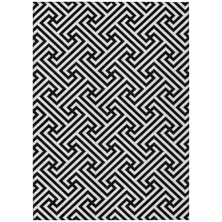 9' X 12' Black And Ivory Geometric Washable Indoor Outdoor Area Rug - Black, Ivory