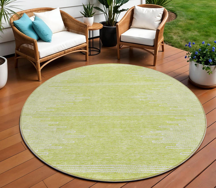 8' Artichoke Green And Ivory Round Abstract Washable Indoor Outdoor Area Rug